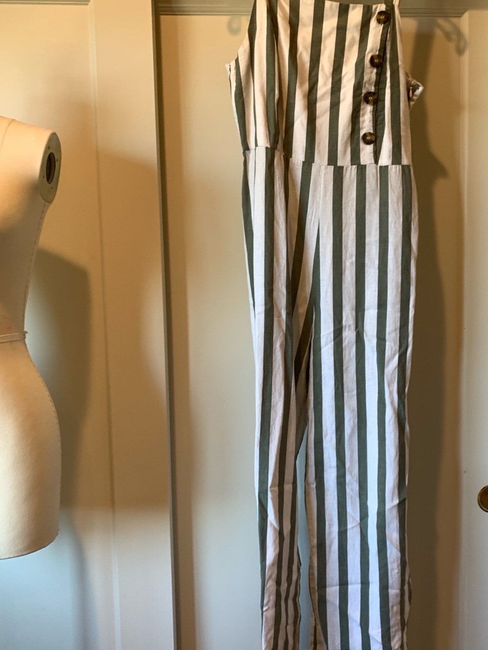 C&C California Green and White Striped Button-Front Jumpsuit